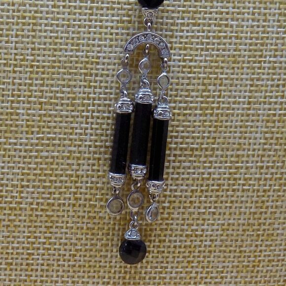 Art Deco Style Black Bead Necklace Silver-tone Clear Stone Station 2 Row Layered - Picture 4 of 10
